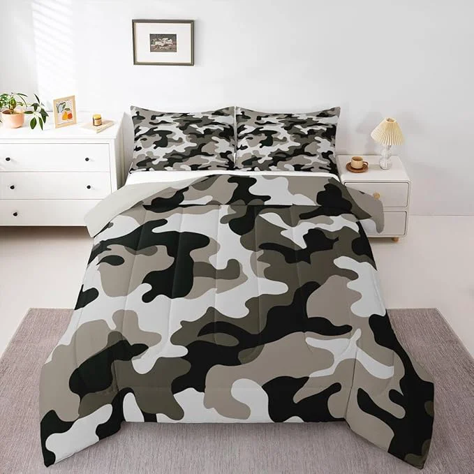 Clean Camouflage Comforter Set Grey Camo Bedding Sets Queen Size Militarily Army Down Comforter For Boys Teens Men Adult Tie Dye Retro Geometric Warm Soft Quilted Duvet 3Pcs Bedroom Decor All Season Advanced