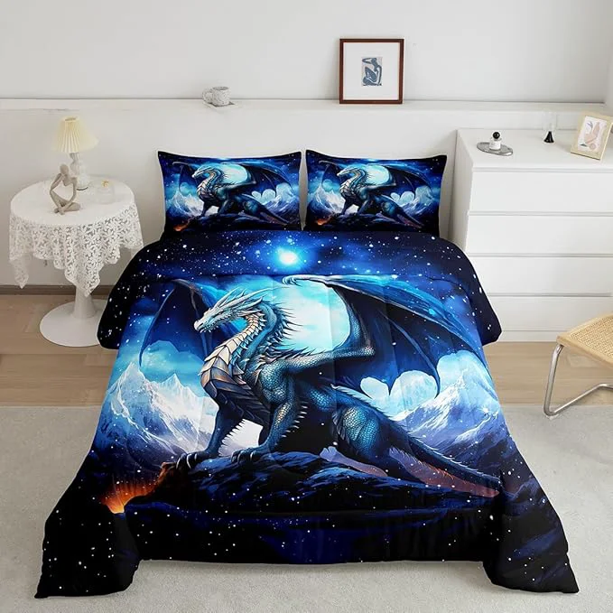 Durable Dragon Comforter Set Queen Size Snow Mountain Starry Sky Galaxy Bedding Set for Kids Boy Men Teens Room Decor Glitter Star Trippy Duvet Insert 3Pcs Western al Animal Blue Quilt Set 2 Pillowcases Prestigious