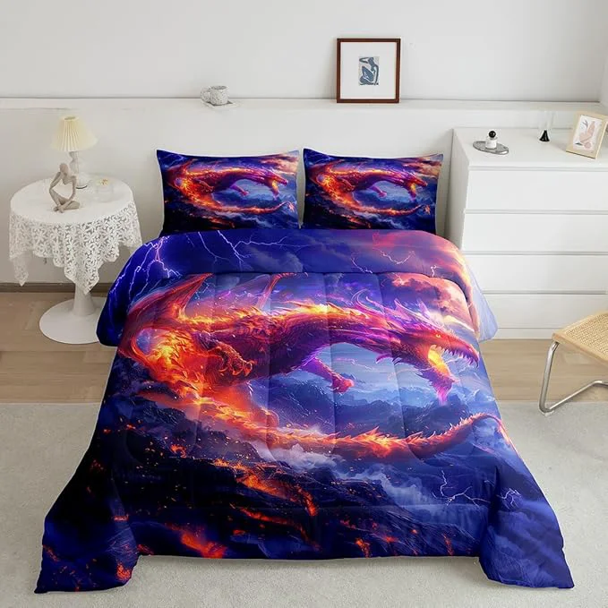 Trendy Fire Dragon Comforter Set Queen Size Galaxy Starry Sky Flame Dragon Bedding Set Kids Girls Boys Teens Bedroom Decor Western al Style Quilt Set Lightning Wild Animals Duvet Insert 2 Pillowcases Carefully Designed