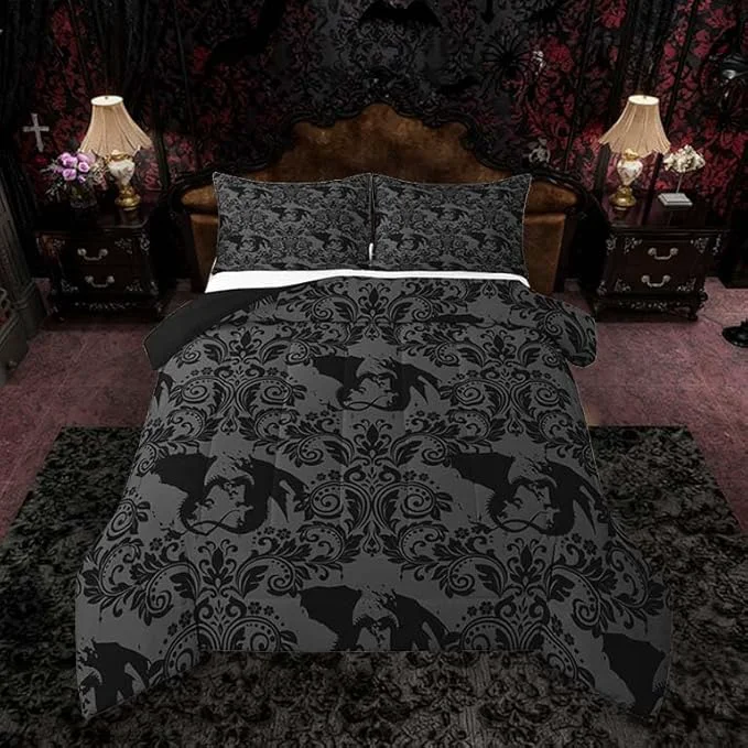 User-Friendly Feelyou Adults Gothic Kids Comforter Set King Size Dark Olive Green Damask Bedding Set Dragon Duvet Quilt for Kids Boys Girls Bedroom Decor Microfiber Ultra Soft Breathable Organic