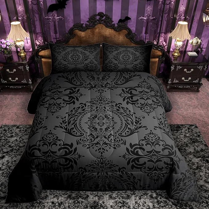 Unique Feelyou Adults Black Vintage Damask Floral Comforter Set Oriental Antique Comforter Twin Size Gothic Bohemia Boho Floral Bedding Set Bohemian Exotic Duvet Set Quilt Set 2Pcs Environmentally Friendly