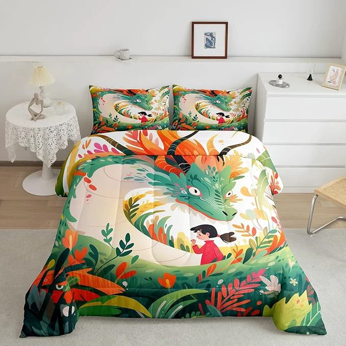 Efficient Dragon Cute Girl Comforter Set King Size Cartoon Floral Green Weed Bedding Set for Kids Boys Teens Room Decor Colorful Flower Animals Duvet Insert 3Pcs Watercolor Fantasy Quilt Set 2 Pillowcases Dependable