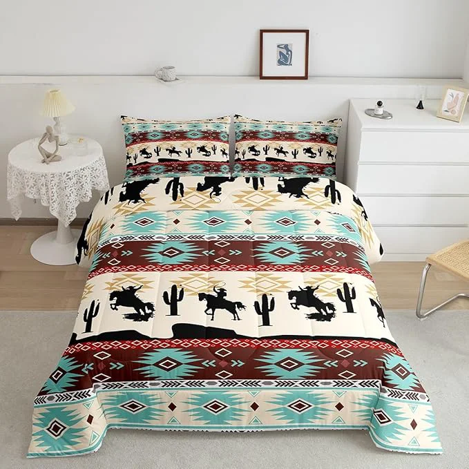 Environmentally Friendly Feelyou Boho Comforter Set Twin Size Horses Comforter Southwestern Native Aztec Bedding Set Farmhouse Wildlife Duvet Set Room Decor Beige Blue Quilt Set Natural
