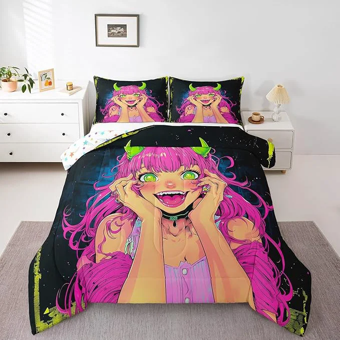Effective Erosebridal Anime Girl Comforter Set Queen Size Japanese Anime Bedding Set for Kids Boys Teens Bedroom Decor Cartoon Girl Quilt Kawaii Japanese Animation Duvet Insert with 2 Pillow Cases Professional