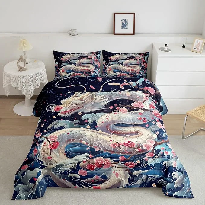 Convenient Dragon Bedding Set Full Size Pink Cherry Blossom Japanese Ukiyoe Comforter Set 3Pcs Kids Girls Boys Teens Home Decor Ocean Sea Wave Quilt Set Western Wildlife White Dragon Duvet Insert 2 Pillowcases Dependable