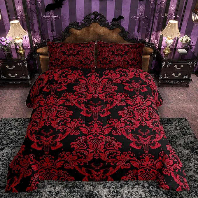 Enhanced Feelyou Adults Red Vintage Damask Floral Comforter Set Oriental Antique Comforter Queen Size Gothic Bohemia Boho Flower Bedding Set Gothic Skull Duvet Set Quilt Set 3Pcs Trusted