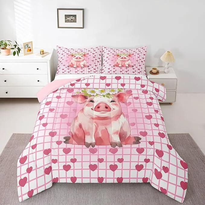 Proven Cute Pig Bedding Set King Cherry Blossoms Comforter Set For Girls Kids Cartoon Pet Animal Duvet Set Pink Grid Heart Pattern Lattice Quilted Duvet Farmhouse Bedding Comforters All Season Fashionable
