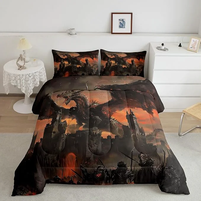 Authentic 3D Dragon Comforter Set Twin Size Fire Dragon Wildlife Theme Duvet Insert 2Pcs Vintage Old Castle Bedding Set for Kids Boys Girls Room Decor Grey Red Retro Microfiber Soft Quilt Set 1 Pillowcase Premium
