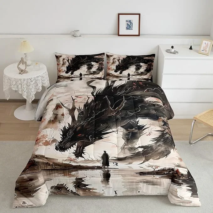 Sustainable Feelyou Dragon Comforter Set Toddler Size Japanese Style Comforter for Boys Girls Teens Samurai Bedding Set Japanese Ukiyoe Duvet Set Room Decor Black Beige Quilt Set Smart