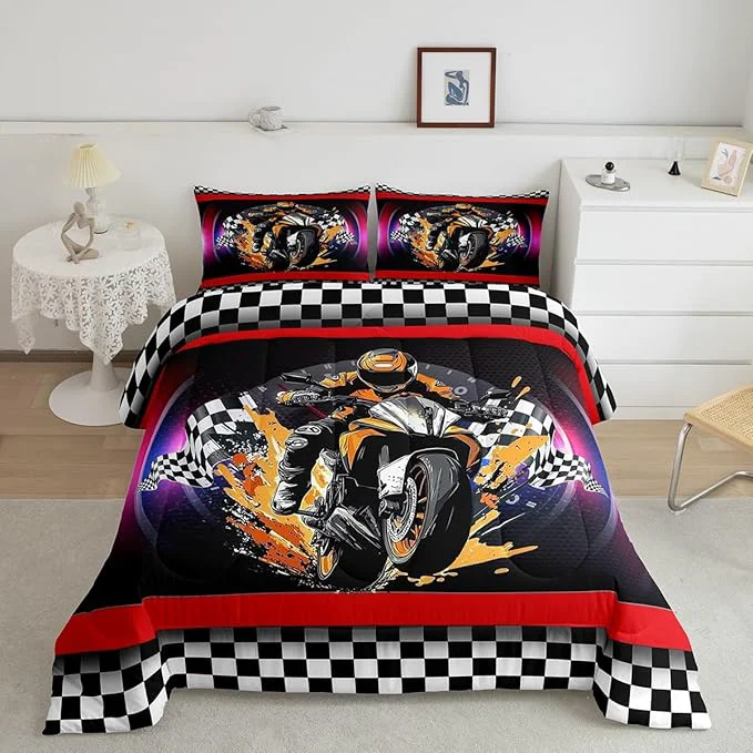 Artisan Feelyou Dirt Bike Comforter Set Toddler Size Flag Comforter Racing Motocross Rider Bedding Set Extreme Sports Duvet Set Room Decor Black Purple Quilt Set Lightweight