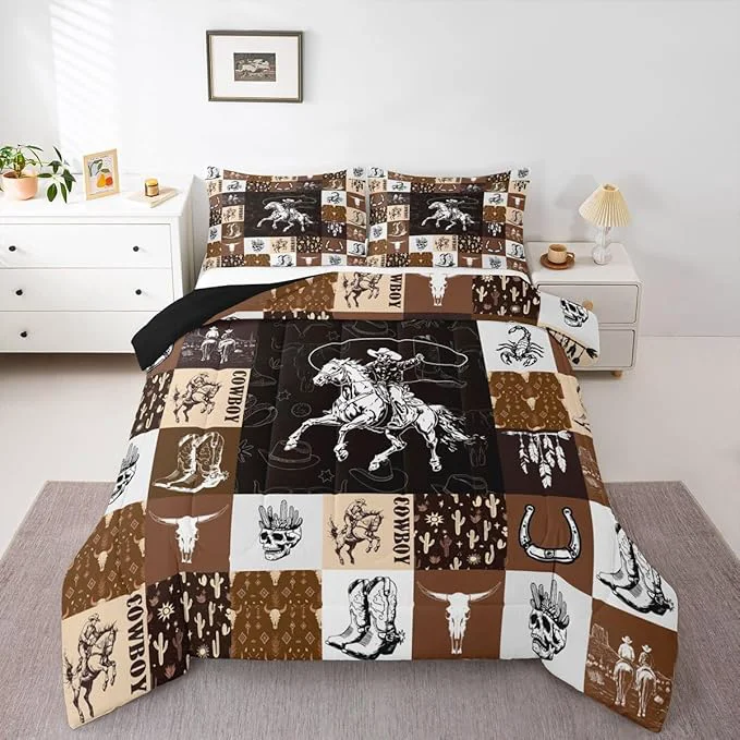 Premium Cowboy Comforter Set King Size Western Bedding For Boys Bull Skull Horse Bedding Comforter Sets Boho Arrows Feather Quilt Set Brown Plaid Grid Print Duvet For Kids Teens Room Decor 2 Pillowcases Flexible