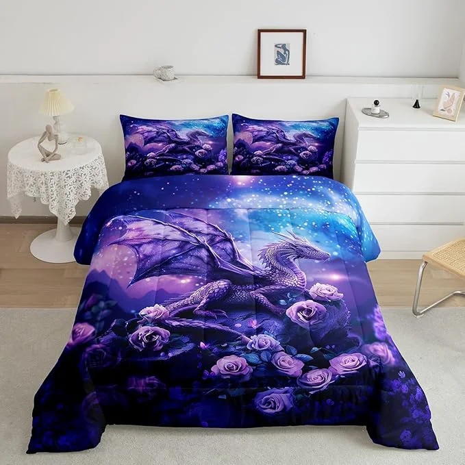Eco-Friendly Dragon Comforter Set Full Size Purple Nebula Galaxy Bedding Set for Kids Boys Girls Room Decor Western al Dragon Microfiber Quilt Set Starry Sky Rose Flower Duvet Insert 3Pcs 2 Pillowcases High-Quality