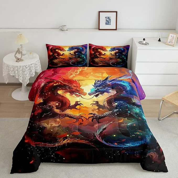 Crafted Feelyou Dragon Comforter Set King Size Western Dragon Comforter for Boys Girls Teens Wildlife Bedding Set Wild Animal Duvet Set Room Decor Dark Orange Quilt Set Fine Crafted