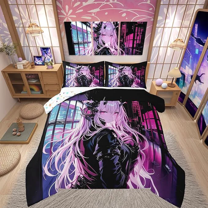 Elegant Erosebridal Japanese Anime Bedding Set Full Size Anime Girl Comforter Set Kawaii Japanese Style Duvet Insert Cartoon Japan Animation Quilt for Boys Teens Adult Women Bedroom Decor High-End