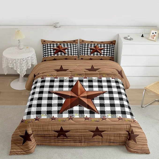 Breathable Western Texas Star Comforter Set Queen Farmhouse Black Plaid Bedding Brown Vintage Country Star Bedding Comforter Sets Retro Rustic Checked Grid Bedroom Decor Wooden Grain Quilt For Kids Boys Girls Eco-Friendly