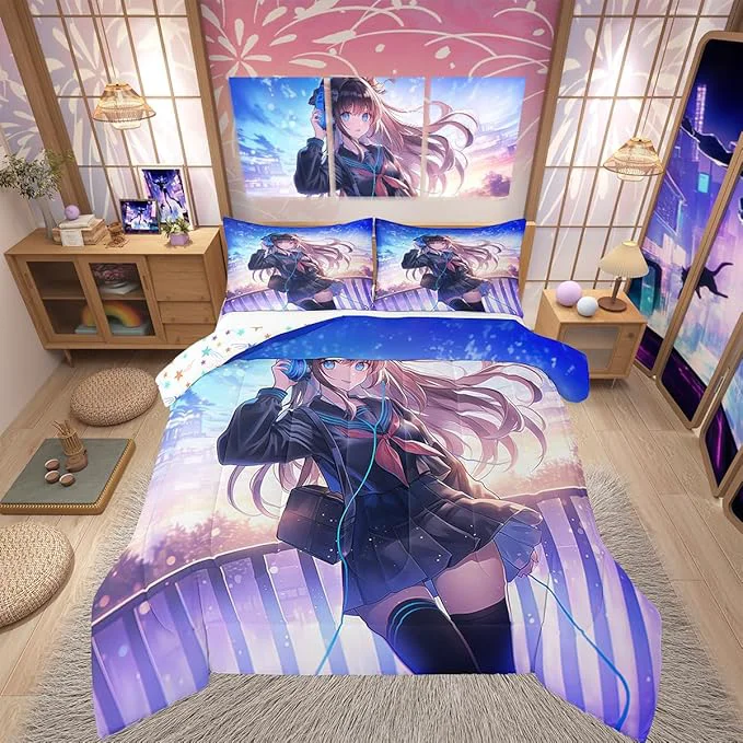 Environmentally Friendly Erosebridal Anime Girl Bedding Set King Size Japanese Anime Comforter Set for Kids Boys Teens Bedroom Decor Cartoon Girl Duvet Insert Kawaii Japanese Animation Quilt with 2 Pillow Cases Crafted
