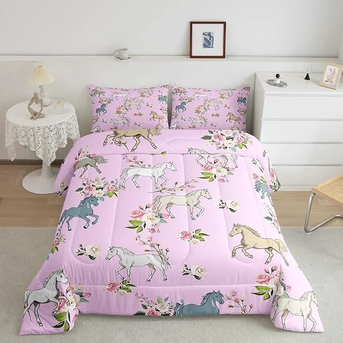 Excellent Erosebridal Horse Comforter Set King Rose Bedding Set for Girls Boys Kids Teens Western Cowboy Cowgirls Wild Animal Floral Down Comforter Cute Horses Flower Duvet Insert Lightweight Pink Safe