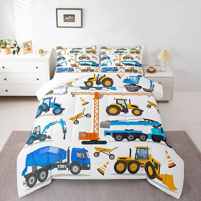 Classic Excavator Comforter Set Queen Tractor Bedding Set For Teens Child Construction Trucks Down Comforter Yellow Blue Machinery Vehicle Equipment Truck Room Decor Forklift Bulldozer Crane Quilted Duvet Effective