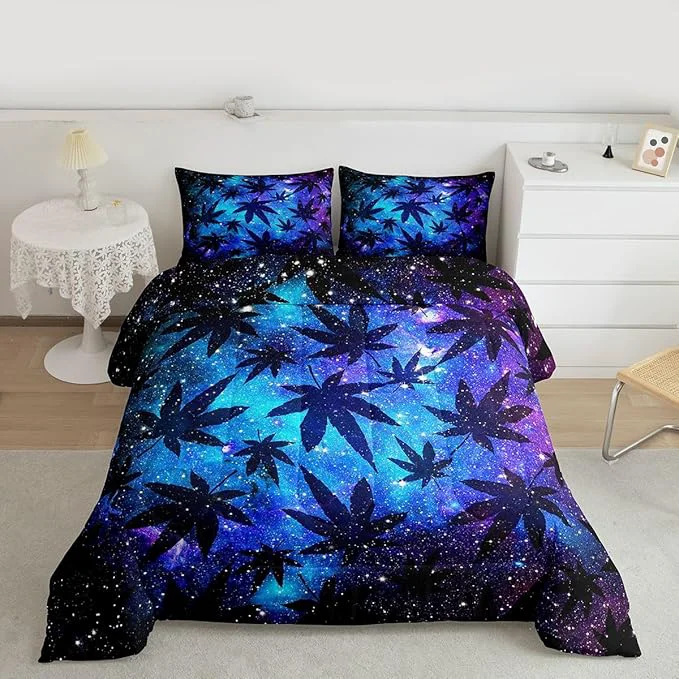 Comfortable Erosebridal Leaves Comforter Set Teens Galaxy Bedding Set Twin for Women Men Youth Soft Chic Purple Blue Duvet Set Room Decor Quilt Set World-Class