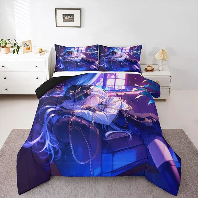 Soft Erosebridal Anime Girl Comforter Set Twin Size Japanese Anime Bedding Set for Kids Boys Teens Women Bedroom Decor Cartoon Girl Down Comforter Japanese Animation Kawaii Quilt Purple High-Quality