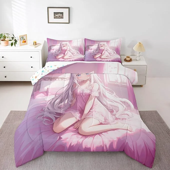 Environmentally Friendly Erosebridal Full Size Japanese Anime Comforter Set for Kids Anime Girl Bedding Set Kawaii Japanese Style Quilt Cartoon Japan Animation Duvet Insert for Boys Teens Adult Women Bedroom Pink Reusable