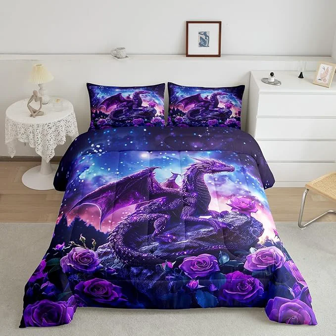 Trendy Purple Dragon Comforter Set King Size Blossom Flower Rose Bedding Set for Kids Boys Girls Room Decor Galaxy Starry Sky Nebula Duvet Insert 3Pcs Glitter Retro Wild Animal Quilt Set 2 Pillowcases Verified