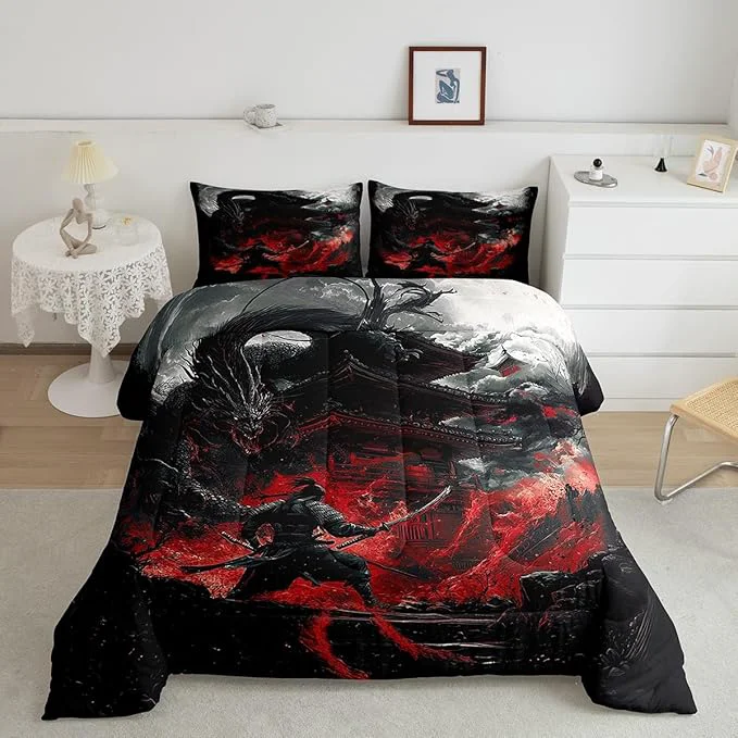 Smooth Feelyou Dragon Comforter Set Twin Size Japanese Style Comforter for Boys Girls Teens Samurai Bedding Set Dragon Decor Duvet Set Room Decor Black Red Quilt Set Trendy