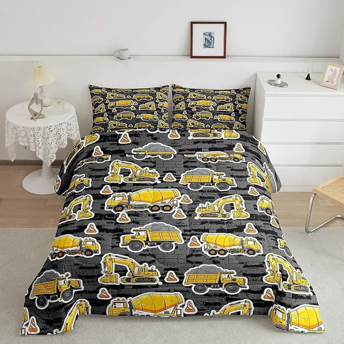 Fine Crafted Erosebridal Excavator Comforter Set Queen Concrete Truck Pattern Bedding Set Child Teens Construction Down Comforter for Kids Boys Cartoon Toy Cars Quilt Set Bedroom Decor Grey Trusted