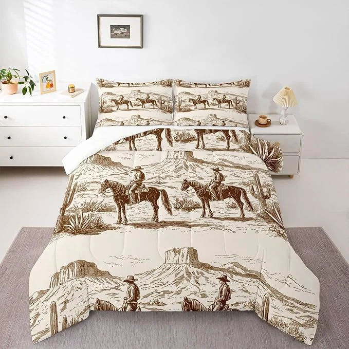 World-Class Wild West Comforter Set Full Cowboys Bedding For Man Teens Boy American Western Desert Hunting Horse Riding Bedding Comforter Sets Hand Drawn Illustration Mountain Cactus Room Decor Duvet Insert Consistent