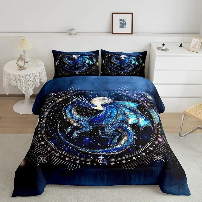 Outstanding Feelyou Dragon Comforter Set Toddler Size Dragon Decor Duvet Set Luxury Bedding Set Blue Black Quilt Set Traditional