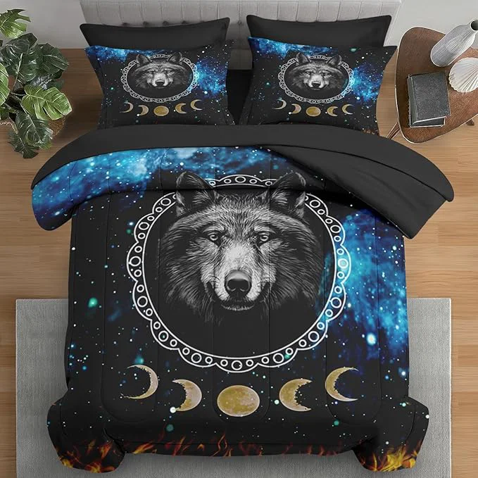 Safe Comforter Set Twin Size Wolf Animal Dog 5 Pcs Bedding for Kids and Adults Starry Space Galaxy Bed Sheet Sets with Fitted Sheet Pillowcase amp Sham for Bedroom Bed Decor Specialty