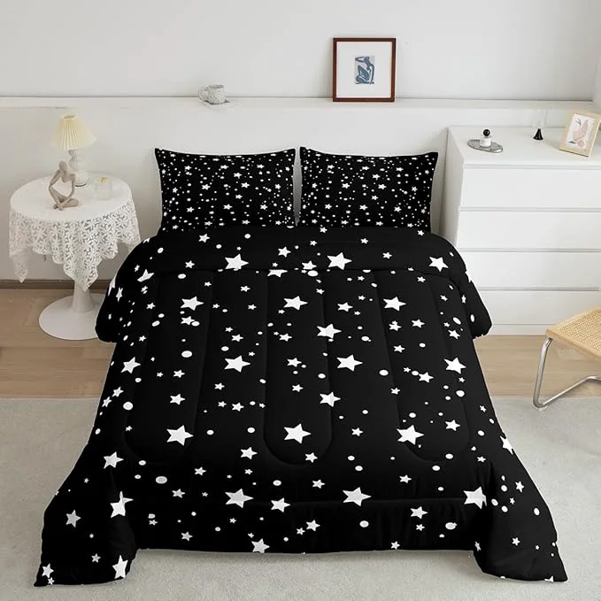 Versatile Starry Sky Comforter Set King Size Galaxy Star Bedding Set for Kids Boys Girls Outer Space Down Comforter Black and White Geometric Polka Dots Quilt Set Warm Soft Bedroom Decor 2 Pillow Cases Casual
