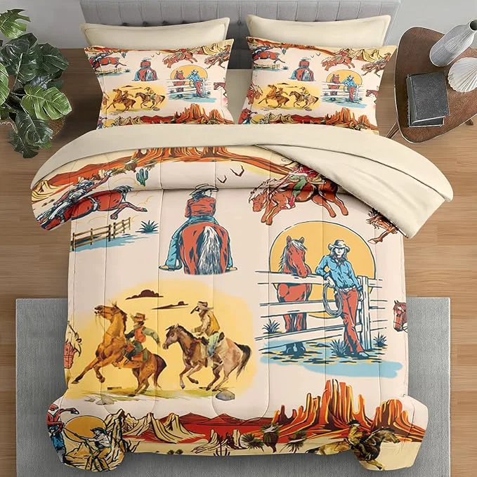 Breathable Comforter Set Twin Size Western Cowboy Retro 5 Pcs Bedding for Kids and Adults Vintage Horse Cowgirl Bed Sheet Sets with Fitted Sheet Pillowcase amp Sham for Bedroom Bed Decor Traditional