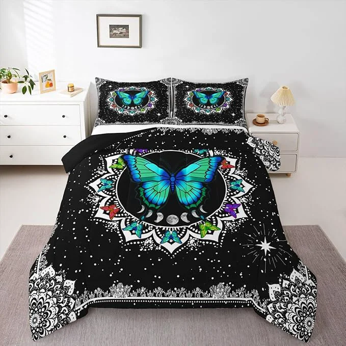 Contemporary Erosebridal Butterfly Bedding Set King Size Galaxy Duvet Set Starry Sky Comforter Sets Boho Colorful Wild Animals Down Comforter for Moth Moon All Season Mandala Black White Duvet Set Long-Lasting