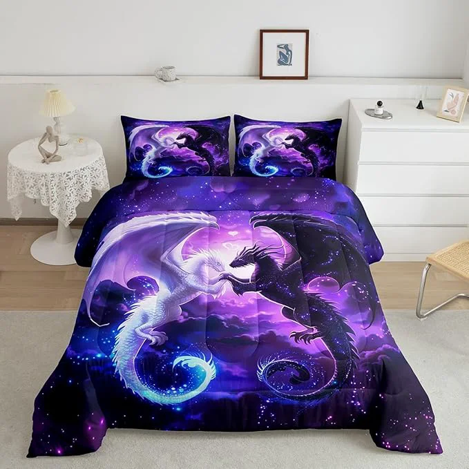 Certified Black White Dragon Comforter Set Twin Size Nebula Star Glitter Bedding Set for Kids Teens Couple Adults Room Decor Western al Wildlife Quilt Set 2Pcs Animal Purple Duvet Insert 1 Pillowcase Prestigious