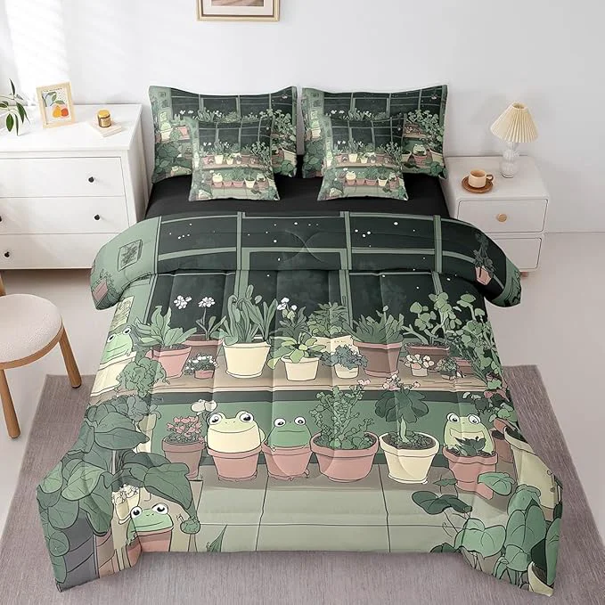 Smart jejeloiu Cute Frog Bedding Set 7Pcs Full Size Kids Cartoon Comforter Set with Sheets for Boys Girls Plant Bed in a Bag Soft Lightweight Microfiber Eco-Friendly