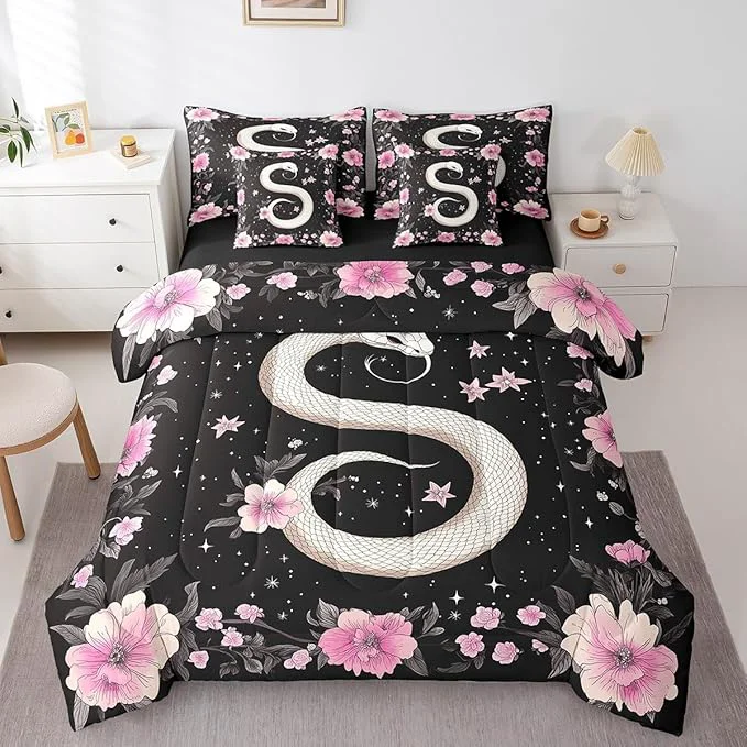 Certified jejeloiu Boho Snake Bedding Set 7Pcs Full Size Kids Bohemian Comforter Set with Sheets for Boys Girls Floral Flower Bed in a Bag Soft Lightweight Microfiber Luxury