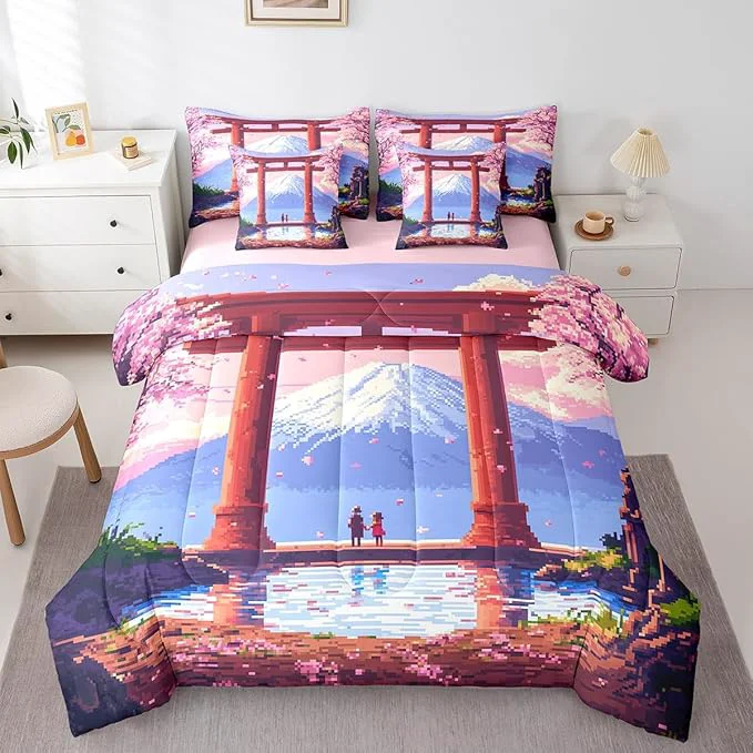 Excellent jejeloiu Pink Japan Bedding Set 7Pcs Full Size Kids Anime Mount Fuji Comforter Set with Sheets for Boys Girls Pixel Bed in a Bag Soft Lightweight Microfiber Trusted