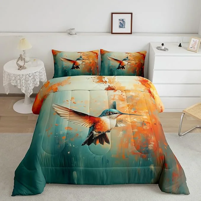Advanced Feelyou Hummingbird Comforter Set Toddler Size Tropical Birds Comforter Hummingbird Flowers Bedding Set Blossoming Iris Flowers Duvet Set Room Decor Teal Quilt Set Prestigious