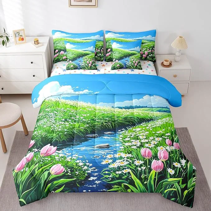 Powerful jejeloiu Cute Anime Floral Bedding Set 7Pcs Queen Size Kids Tulip Floral Comforter Set with Sheets for Boys Girls Flower River Bed in a Bag Soft Lightweight Microfiber Detailed