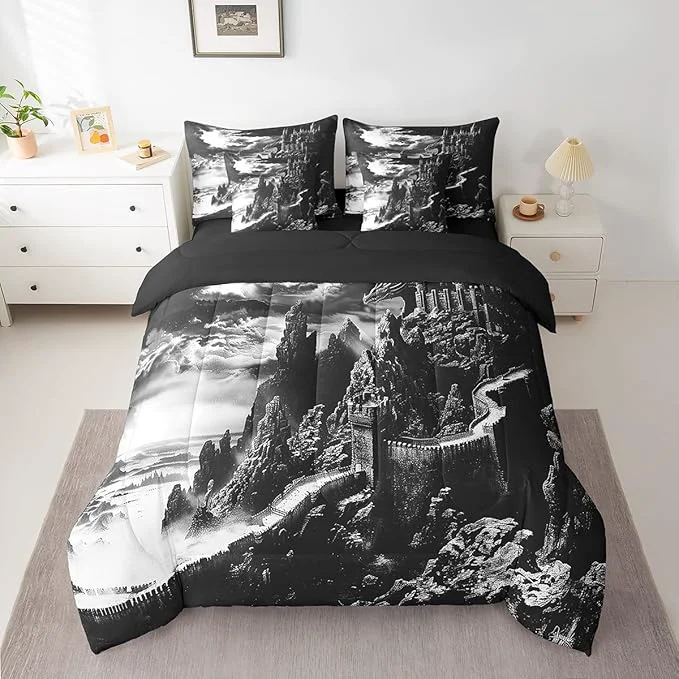 Unique Erosebridal Gothic Dragon Comforter Set 7 Piece Bed in a Bag Twin Vintage Mythical Animal Bedding Sets Fantasy Castle Dark Sky Sheet Set with Comforter Trendy