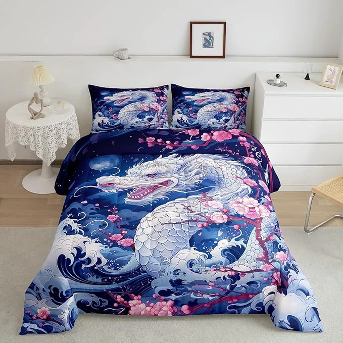 Versatile Dragon Comforter Set Queen Size Japanese Style Pink Cherry Blossom Bedding Set 3Pcs Kids Girls Boys Teens Bedroom Decor Blue Sea Waves Quilt Set al Wild Animals Duvet Insert 2 Pillowcases Powerful