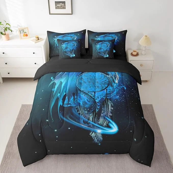 Minimalist Erosebridal Gothic Dragon Dream Catchers Bed in a Bag Queen Comforter Set 7 Piece Blue Galaxy Bohemian Feather Bedding Sets Antique Animal Pterosaur Sheet Set with Comforter Premium Material