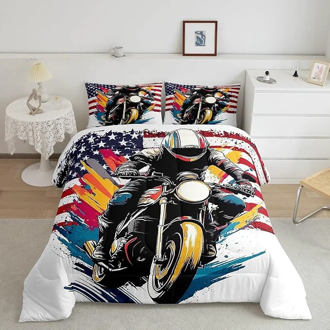 Elite Feelyou Dirt Bike Comforter Set Toddler Size American Flag Comforter Extreme Sports Bedding Set Racing Motocross Rider Duvet Set Room Decor White Quilt Set Genuine