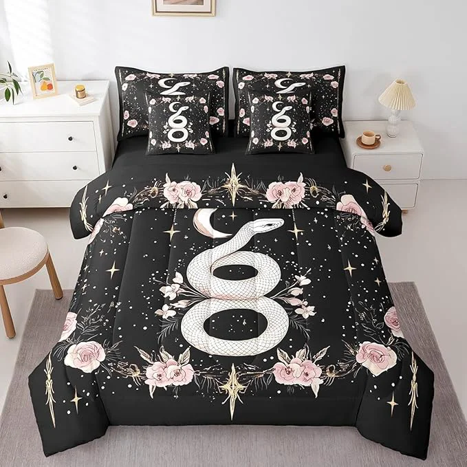 Minimalist jejeloiu Boho Snake Bedding Set 7Pcs Twin Size Kids Bohemian Comforter Set with Sheets for Boys Girls Flower Floral Bed in a Bag Soft Lightweight Microfiber Proven