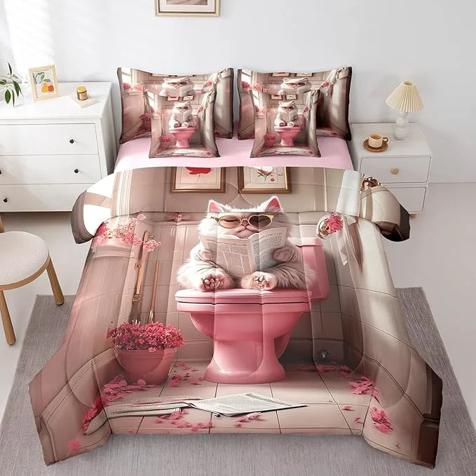 Crafted jejeloiu Cute Cat Bedding Set 7Pcs Full Size Kids Kawaii Kitten Comforter Set with Sheets for Boys Girls Pink Bed in a Bag Soft Lightweight Microfiber Environmentally Friendly