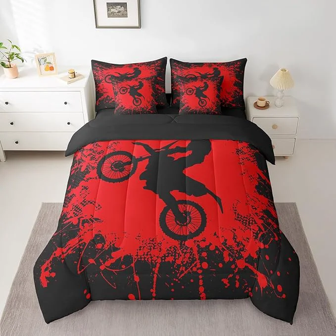 Contemporary Erosebridal Motocross Bed in a Bag Queen Comforter Set 7 Piece Motorcycle Dirt Bike Bedding Sets Motorbike Race Car Sheet Set with Comforter Next-Generation