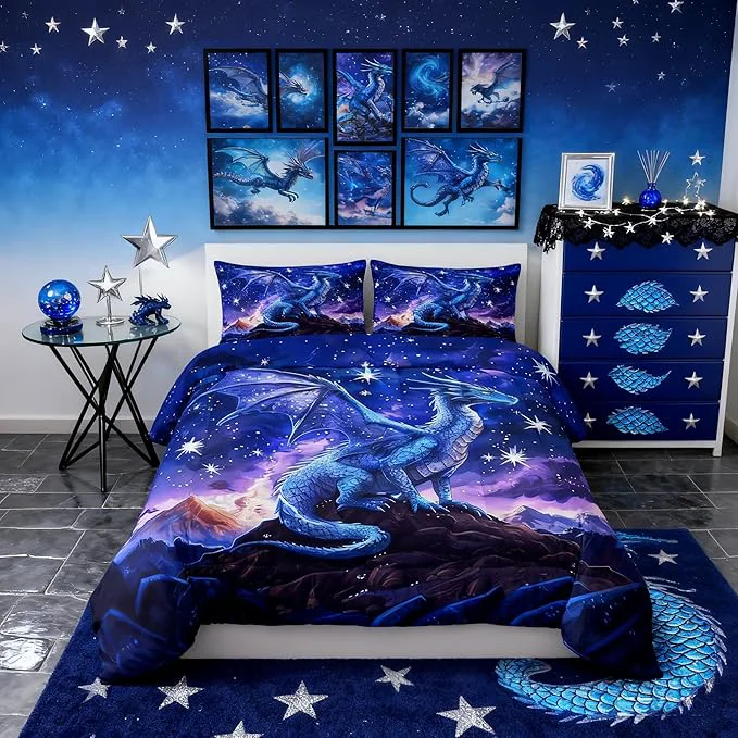 Trusted Dragon Comforter Set Queen Size Starry Sky Mountains Bedding Set for Kids Girls Boys Room Decor Blue Purple Western al Quilt Set 3Pcs Wild Animal Trippy Duvet Insert 2 Pillowcases Premium