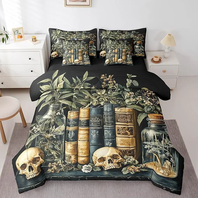 Premium Material jejeloiu Dark Academia Bedding Set 7Pcs Twin Size Kids Skull Mystical Comforter Set with Sheets for Boys Girls Goth Bed in a Bag Soft Lightweight Microfiber High-Quality