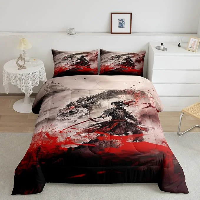 Functional Dragon Comforter Set King Size Japanese Samurai Bedding Set Kids Boys Teens Men Room Decor al Animals 3D Dragon Quilt Set Western Wildlife Theme Black Red Ink Style Duvet Insert 2 Pillowcases Detailed